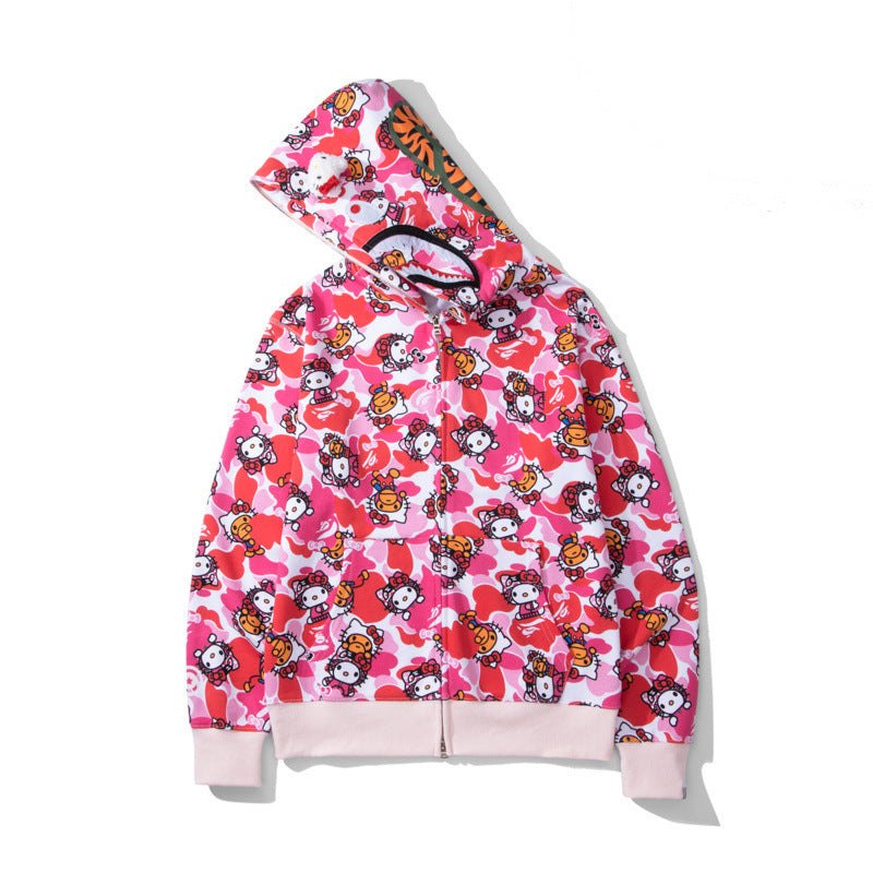 GMabcd Unisex Shark Camo Zip-Up Hoodie – Relaxed Streetwear Jacket – 2390 Pink