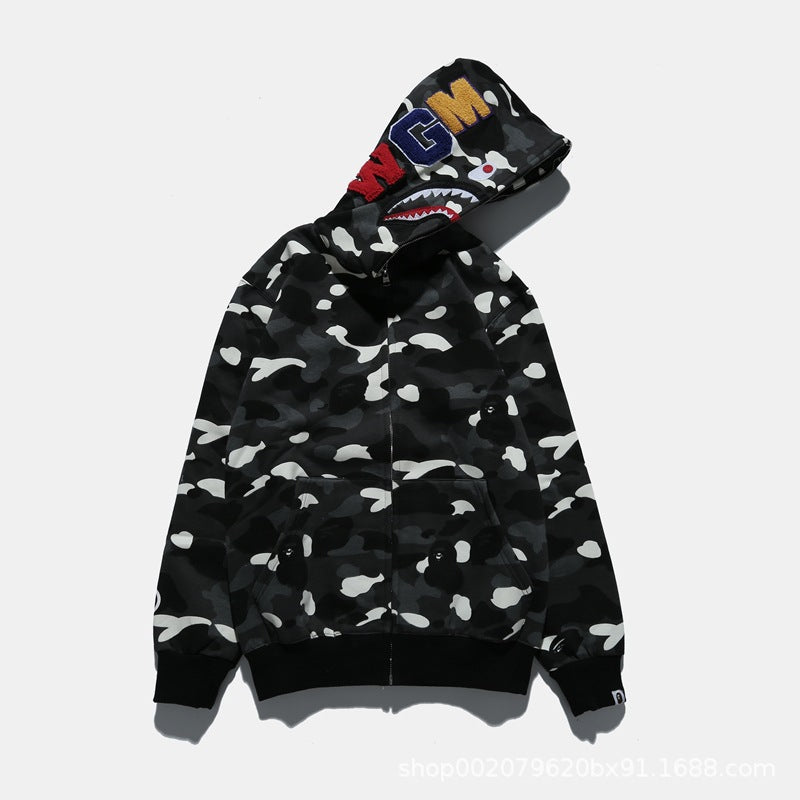 GMabcd Unisex Shark Camo Zip-Up Hoodie – Relaxed Streetwear Jacket – B83706110 Spotted