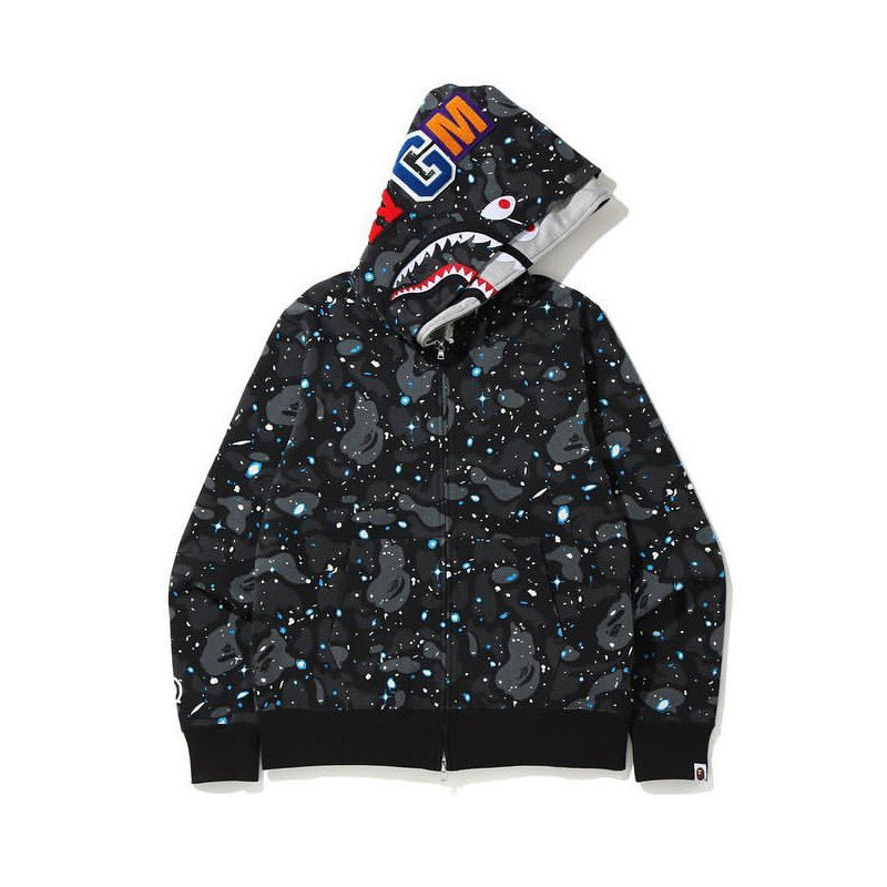 GMabcd Unisex Shark Camo Zip-Up Hoodie – Relaxed Streetwear Jacket – B8803 Black