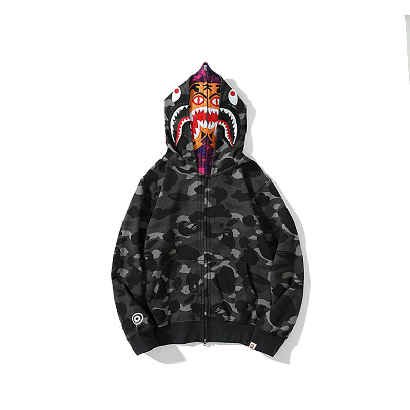 GMabcd Unisex Shark Camo Zip-Up Hoodie – Relaxed Streetwear Jacket – 6776 Double Hood Grey