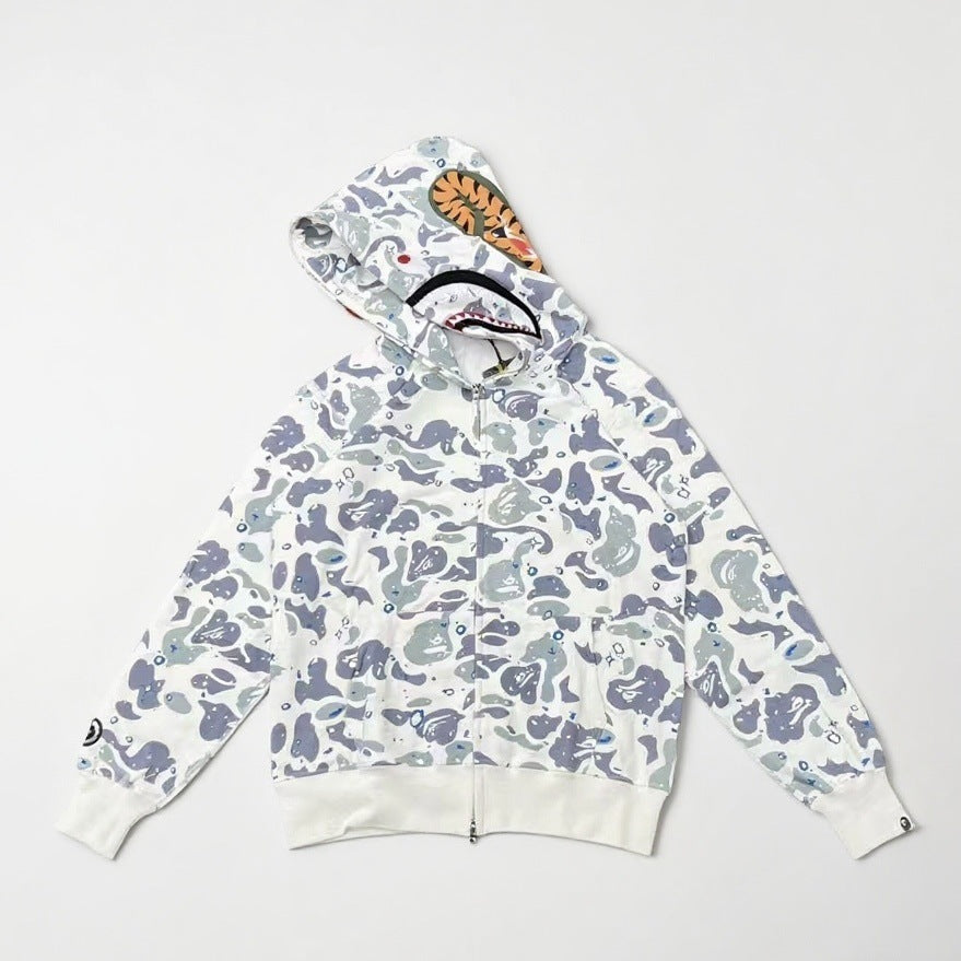 GMabcd Unisex Shark Camo Zip-Up Hoodie – Relaxed Streetwear Jacket – 8373 White