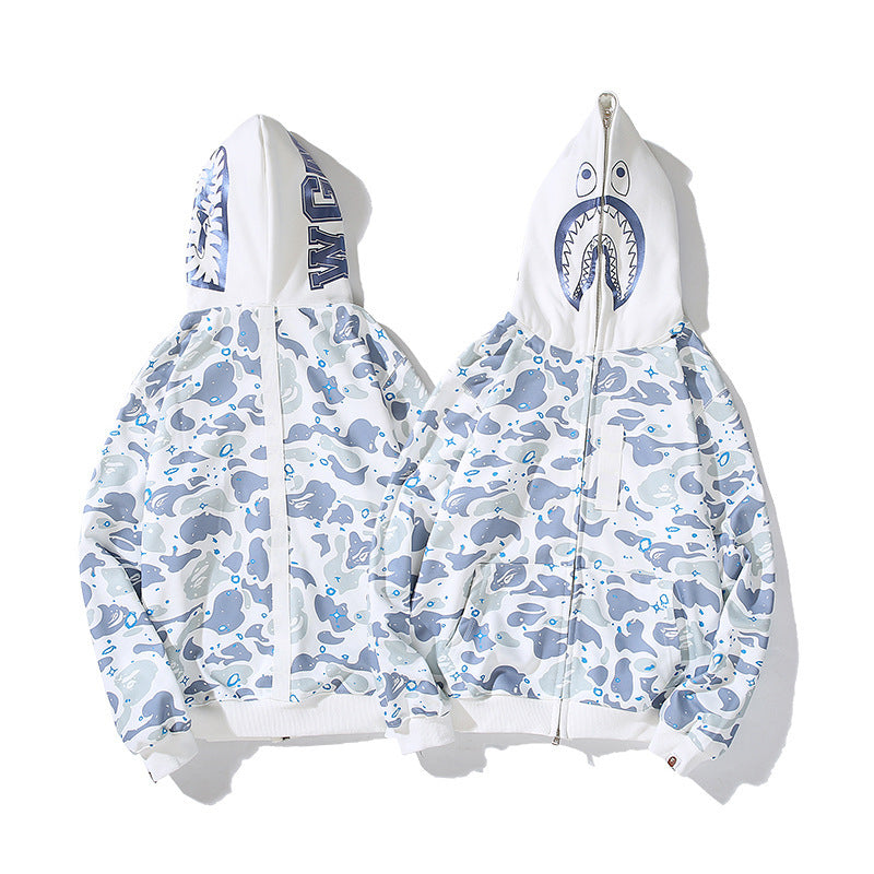 GMabcd Unisex Shark Camo Zip-Up Hoodie – Relaxed Streetwear Jacket – 523 White