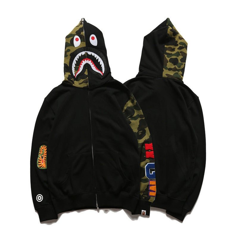 GMabcd Unisex Shark Camo Zip-Up Hoodie – Relaxed Streetwear Jacket – 6173 Black