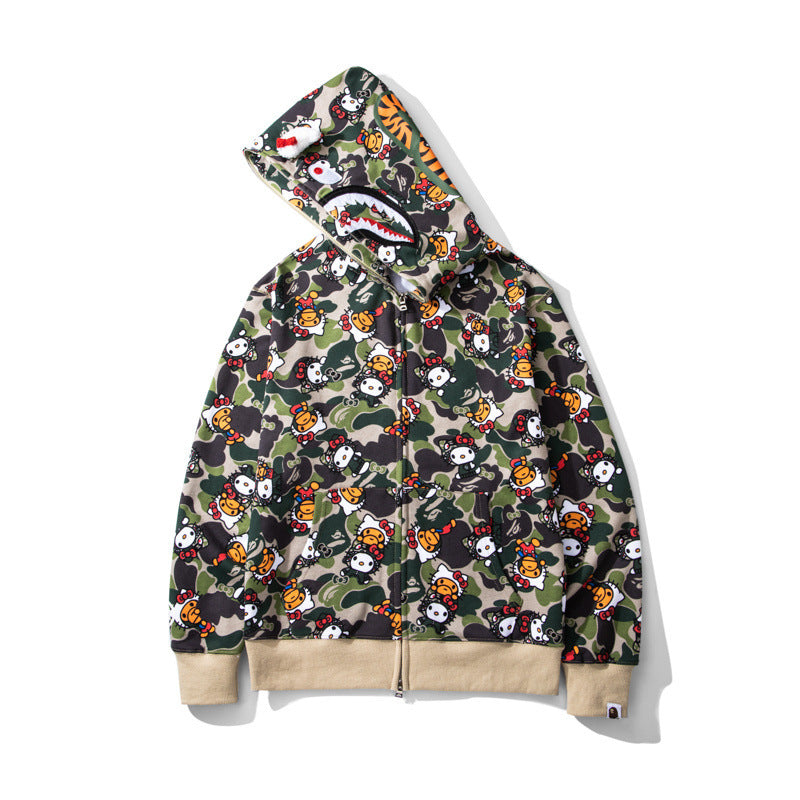 GMabcd Unisex Shark Camo Zip-Up Hoodie – Relaxed Streetwear Jacket – 2390 Green