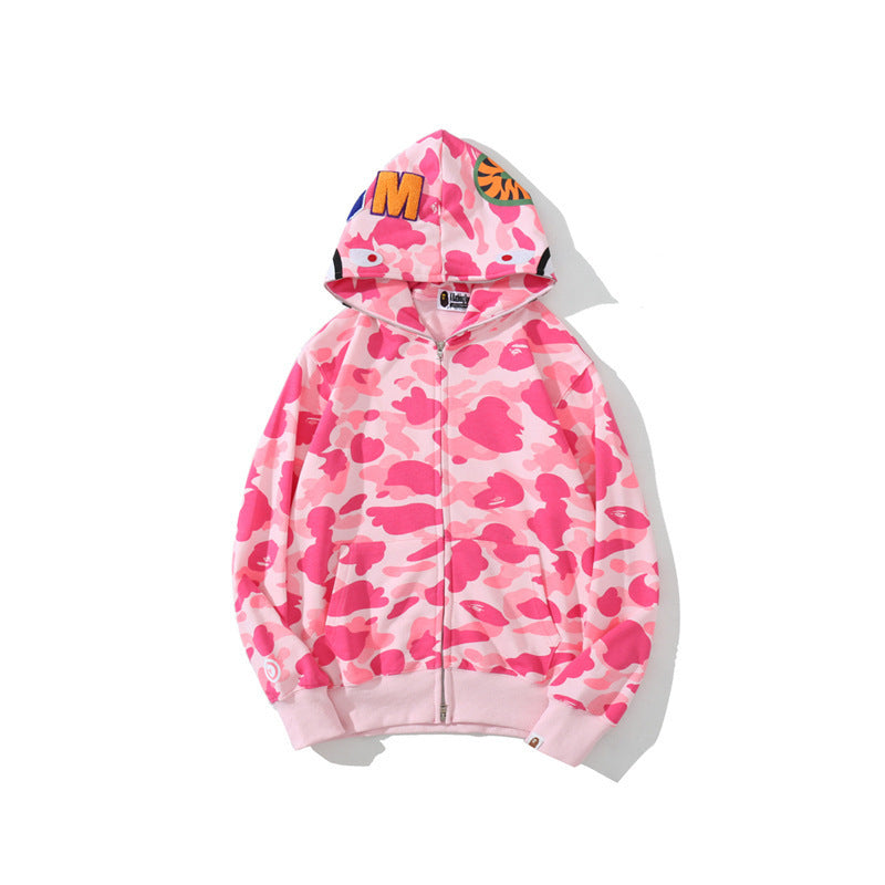 GMabcd Unisex Shark Camo Zip-Up Hoodie – Relaxed Streetwear Jacket – 8301 Pink
