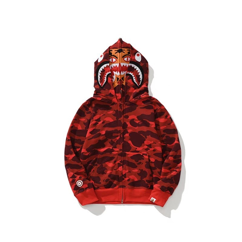 GMabcd Unisex Shark Camo Zip-Up Hoodie – Relaxed Streetwear Jacket – 8807 Double Hood Red