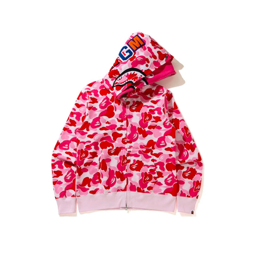 GMabcd Unisex Shark Camo Zip-Up Hoodie – Relaxed Streetwear Jacket – 8801 Double Hood Pink