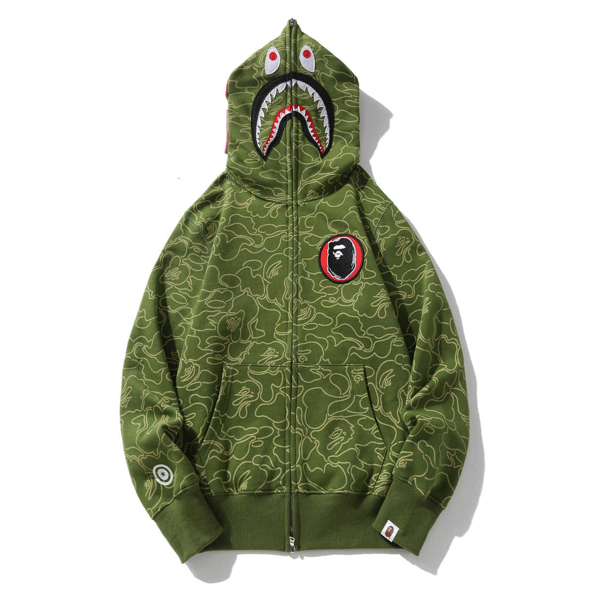 GMabcd Unisex Shark Camo Zip-Up Hoodie – Relaxed Streetwear Jacket – 6830 Green
