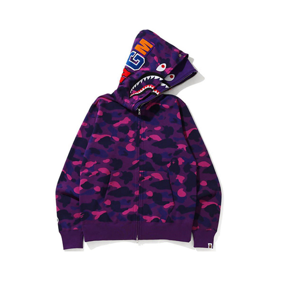GMabcd Unisex Shark Camo Zip-Up Hoodie – Relaxed Streetwear Jacket – 8805 Double Hood Purple