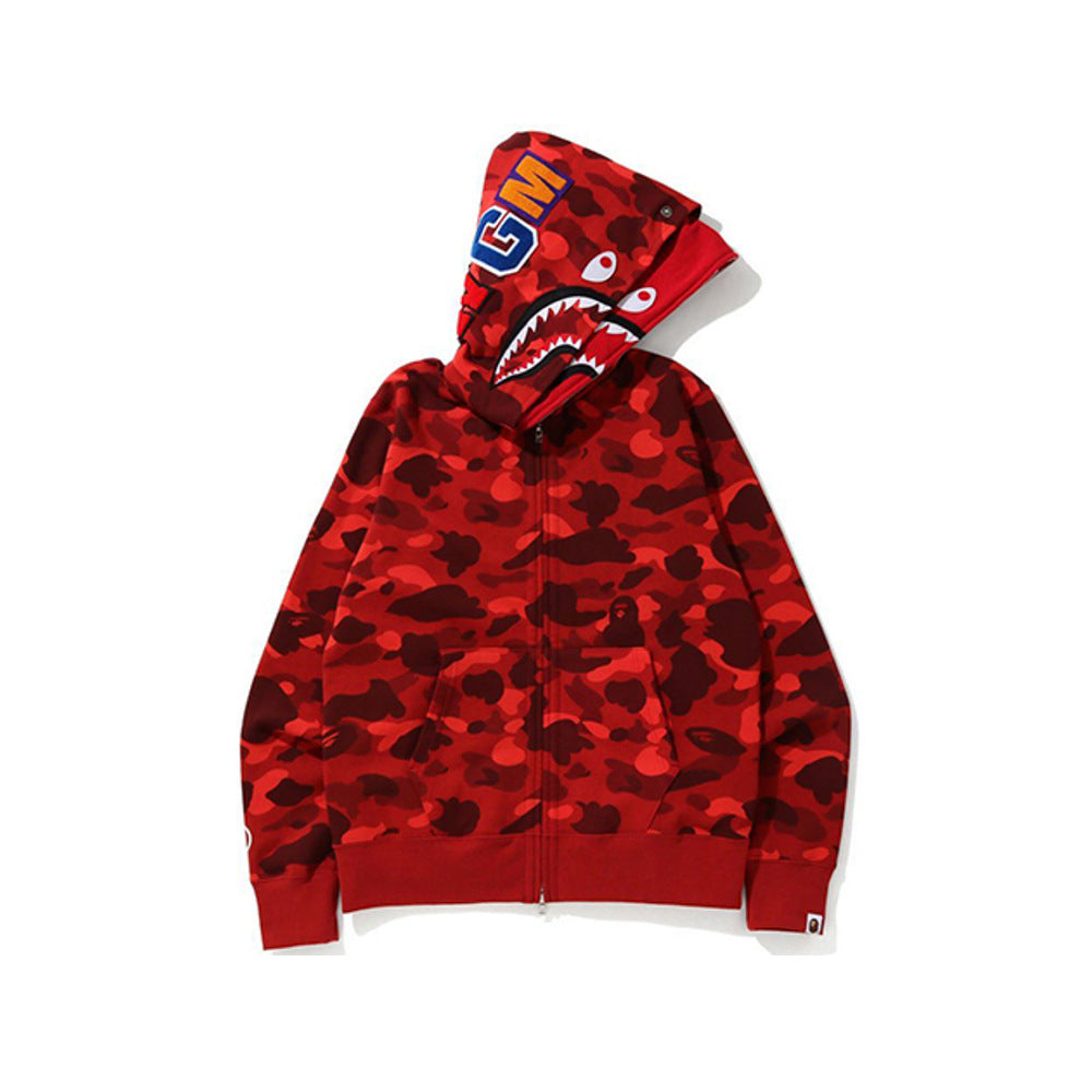 GMabcd Unisex Shark Camo Zip-Up Hoodie – Relaxed Streetwear Jacket – 8805 Double Hood Red