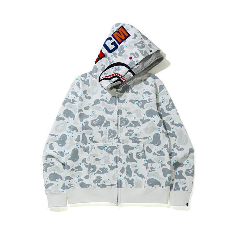 GMabcd Unisex Shark Camo Zip-Up Hoodie – Relaxed Streetwear Jacket – B8803 White