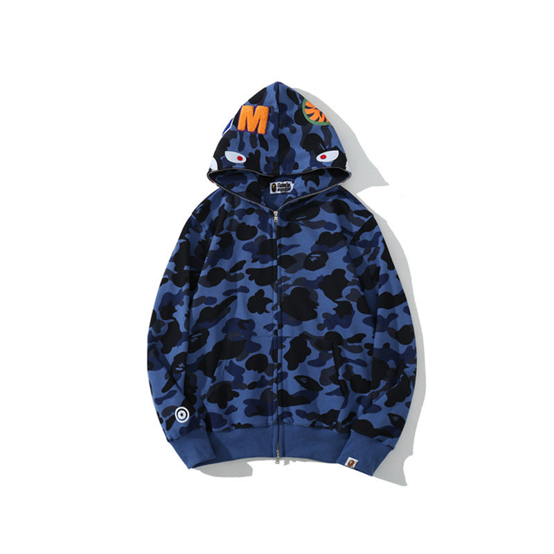 GMabcd Unisex Shark Camo Zip-Up Hoodie – Relaxed Streetwear Jacket – 8301 Blue