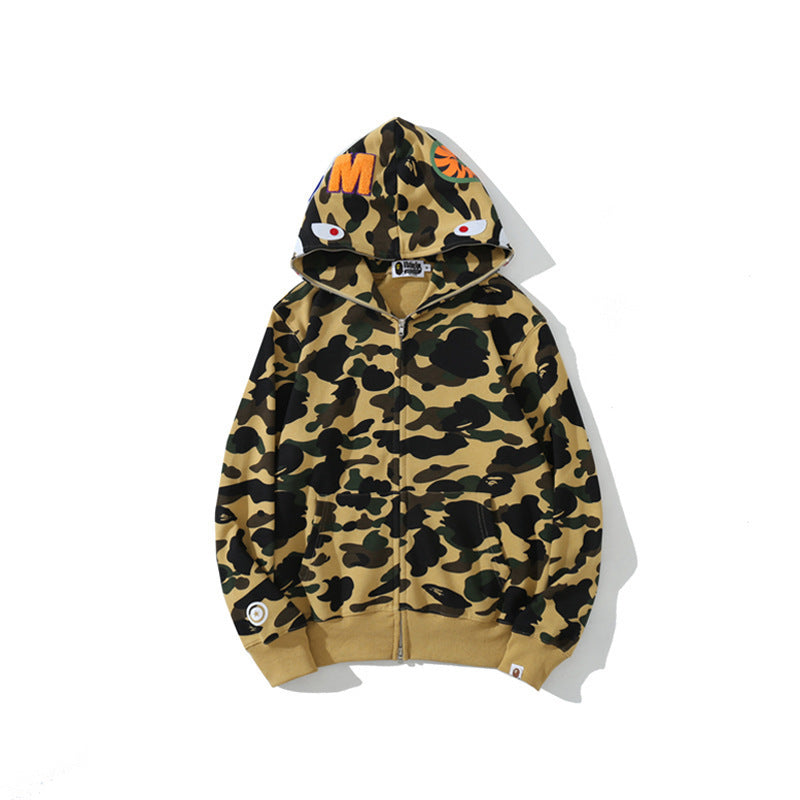 GMabcd Unisex Shark Camo Zip-Up Hoodie – Relaxed Streetwear Jacket – 8301 Yellow