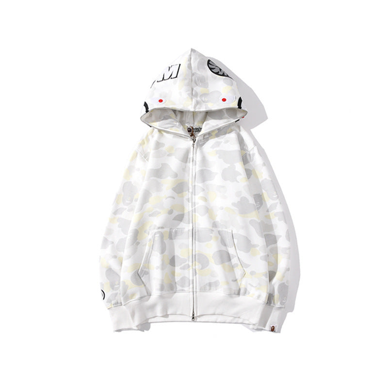 GMabcd Unisex Shark Camo Zip-Up Hoodie – Relaxed Streetwear Jacket – 8363 White