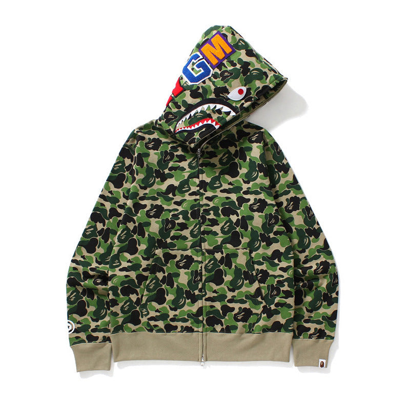 GMabcd Unisex Shark Camo Zip-Up Hoodie – Relaxed Streetwear Jacket – 8361 Green