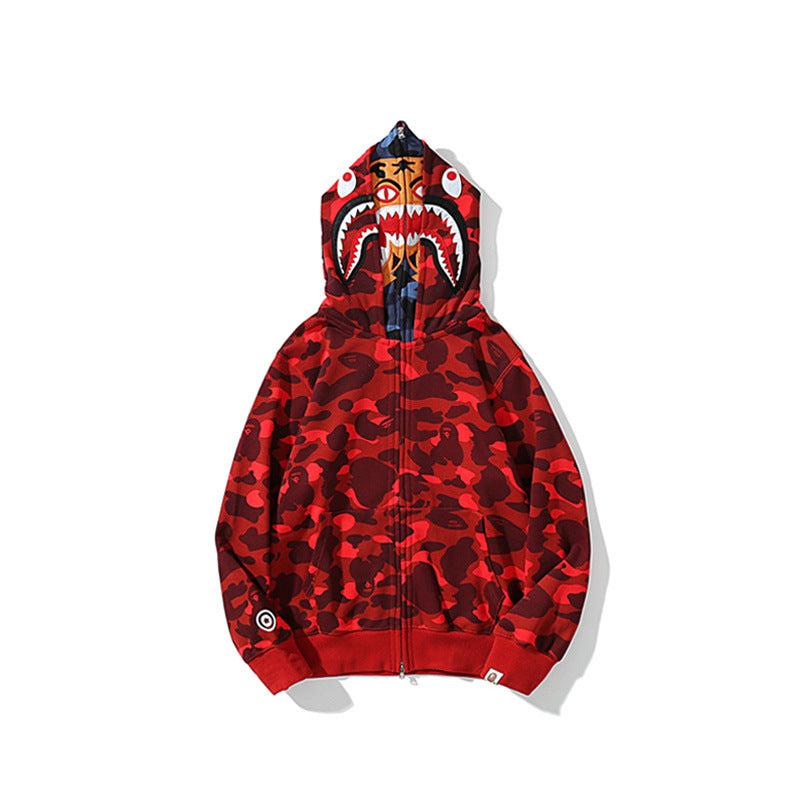 GMabcd Unisex Shark Camo Zip-Up Hoodie – Relaxed Streetwear Jacket – 6776 Double Hood Red