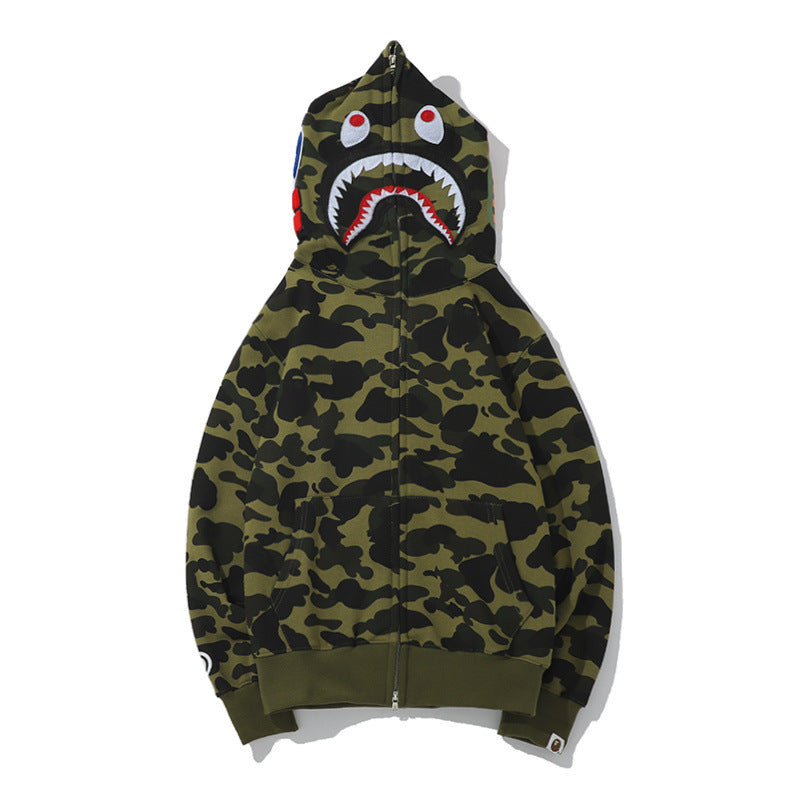 GMabcd Unisex Shark Camo Zip-Up Hoodie – Relaxed Streetwear Jacket – 6323 Fleece-Lined Green