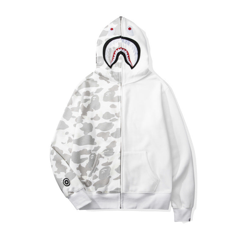 GMabcd Unisex Shark Camo Zip-Up Hoodie – Relaxed Streetwear Jacket – 2302 White