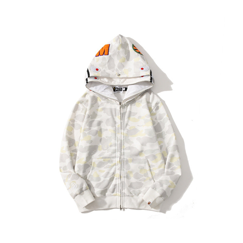 GMabcd Unisex Shark Camo Zip-Up Hoodie – Relaxed Streetwear Jacket – 8802 Double Hood White