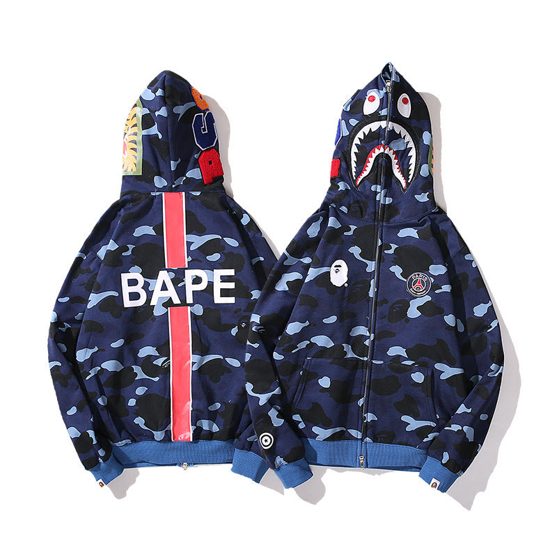 GMabcd Unisex Shark Camo Zip-Up Hoodie – Relaxed Streetwear Jacket – 513 Blue