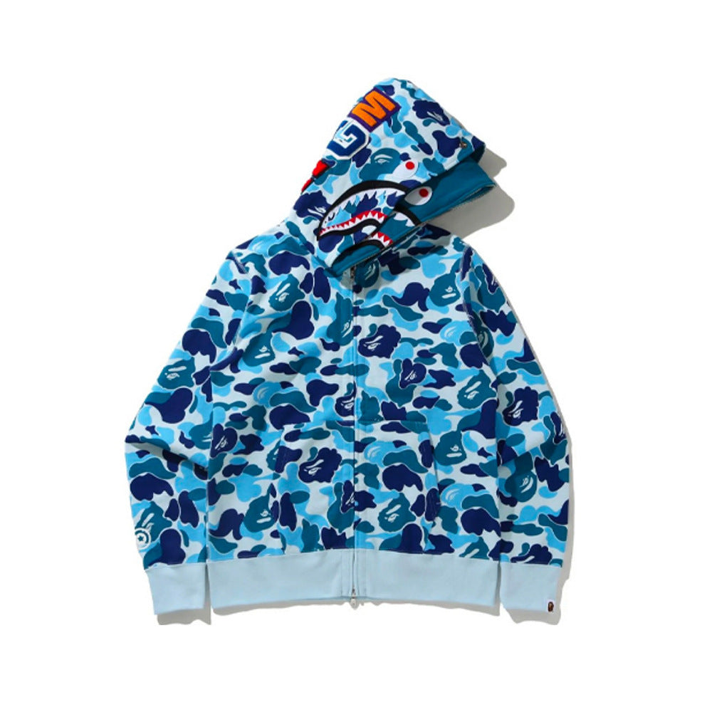 GMabcd Unisex Shark Camo Zip-Up Hoodie – Relaxed Streetwear Jacket – 8801 Double Hood Blue