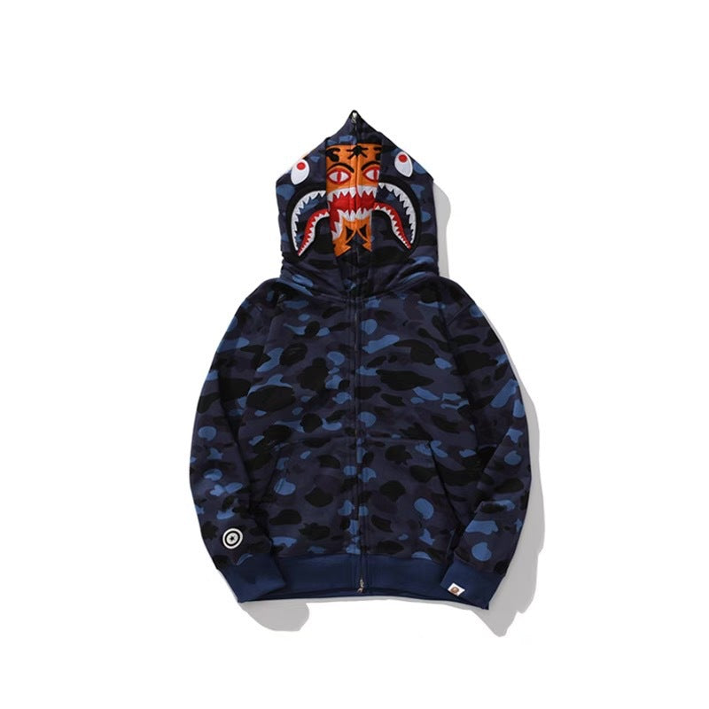 GMabcd Unisex Shark Camo Zip-Up Hoodie – Relaxed Streetwear Jacket – 8807 Double Hood Blue