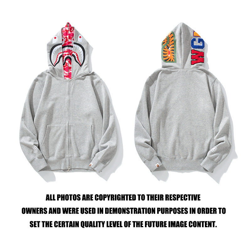 GMabcd Unisex Shark Camo Zip-Up Hoodie – Relaxed Streetwear Jacket – 6783 Double Hood Grey