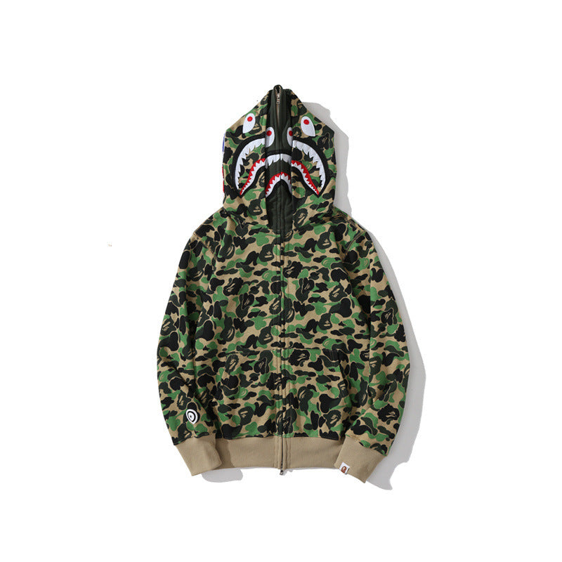 GMabcd Unisex Shark Camo Zip-Up Hoodie – Relaxed Streetwear Jacket – 6770 Double Hood Green