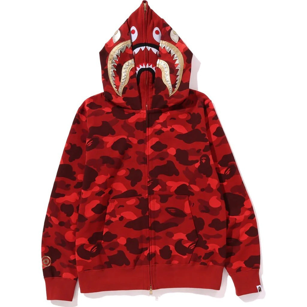 GMabcd Unisex Shark Camo Zip-Up Hoodie – Relaxed Streetwear Jacket – 6959 Double Hood Red