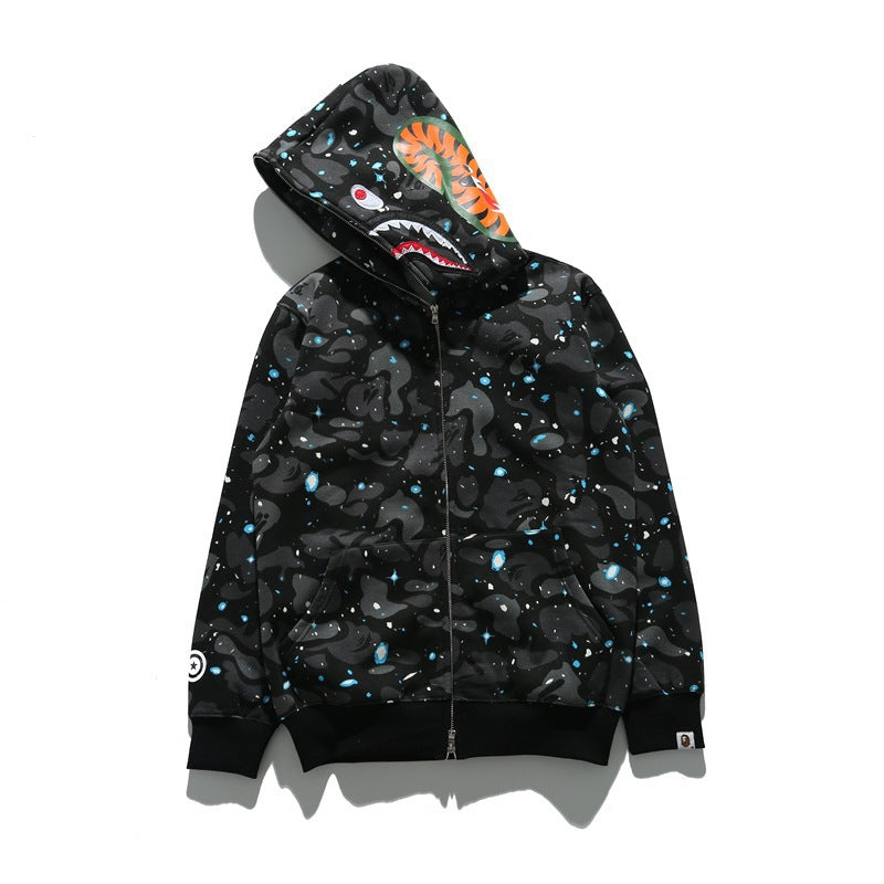 GMabcd Unisex Shark Camo Zip-Up Hoodie – Relaxed Streetwear Jacket – B8370 Galaxy