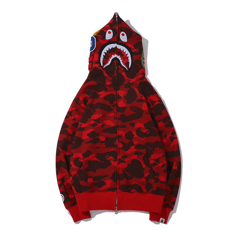 GMabcd Unisex Shark Camo Zip-Up Hoodie – Relaxed Streetwear Jacket – 6323 Red Fleece-Lined