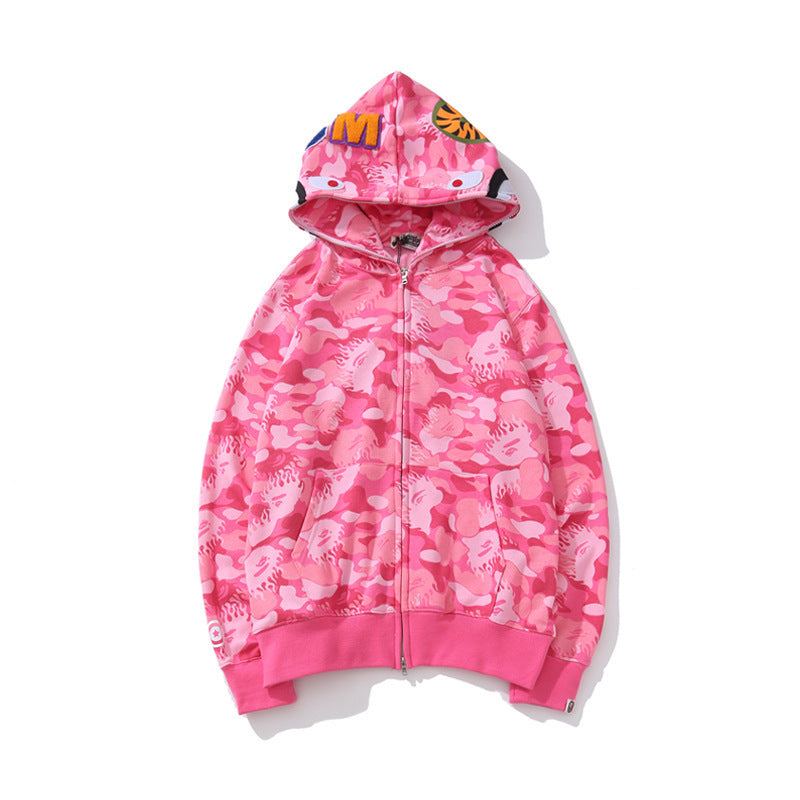 GMabcd Unisex Shark Camo Zip-Up Hoodie – Relaxed Streetwear Jacket – B8303 Pink