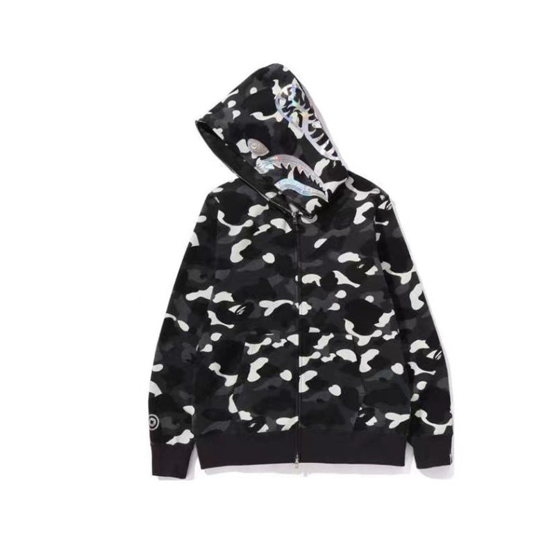 GMabcd Unisex Shark Camo Zip-Up Hoodie – Relaxed Streetwear Jacket – 424 Black
