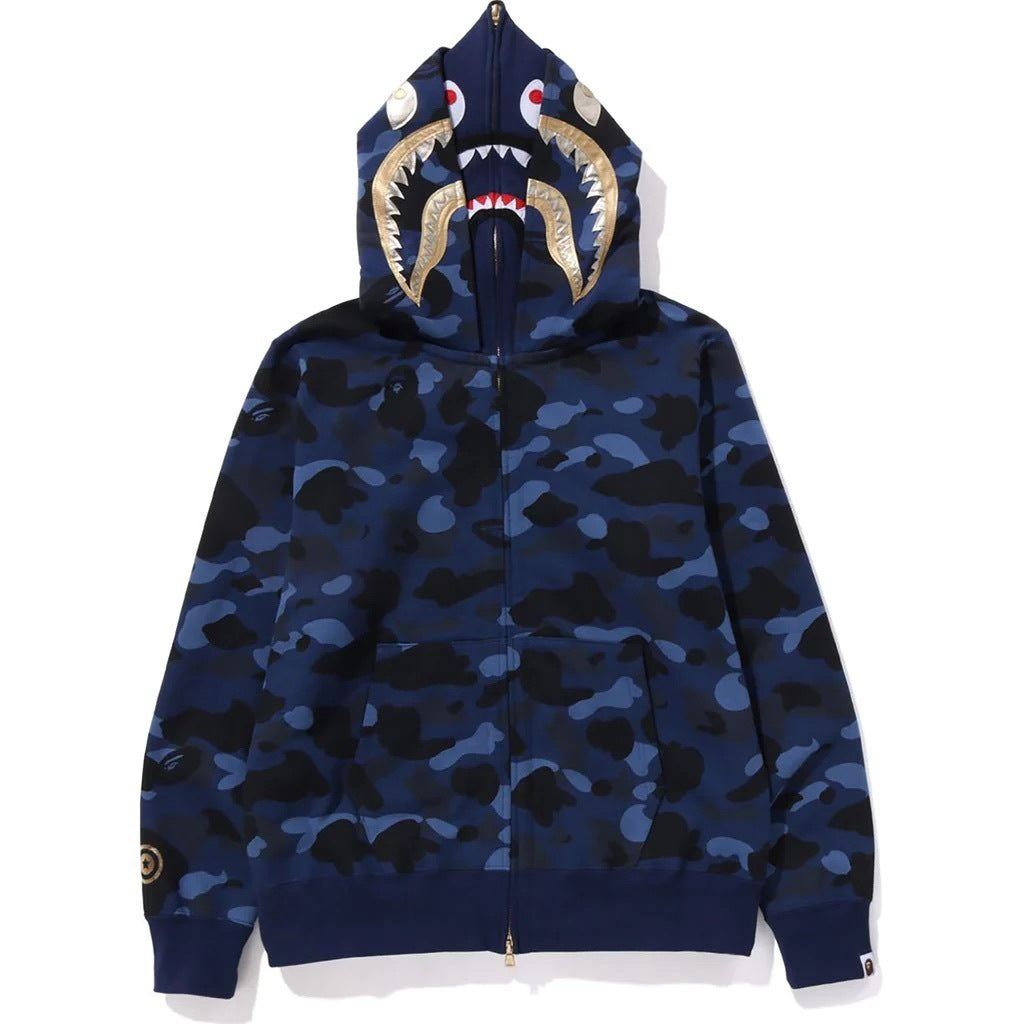 GMabcd Unisex Shark Camo Zip-Up Hoodie – Relaxed Streetwear Jacket – 6959 Double Hood Blue
