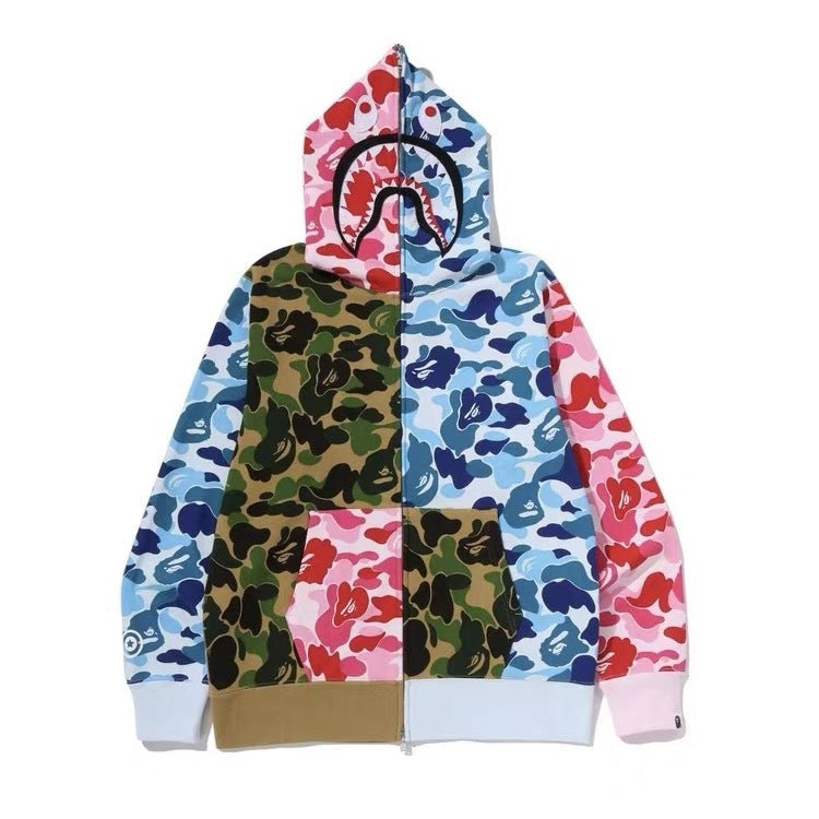 GMabcd Unisex Shark Camo Zip-Up Hoodie – Relaxed Streetwear Jacket – 2633 Color Block