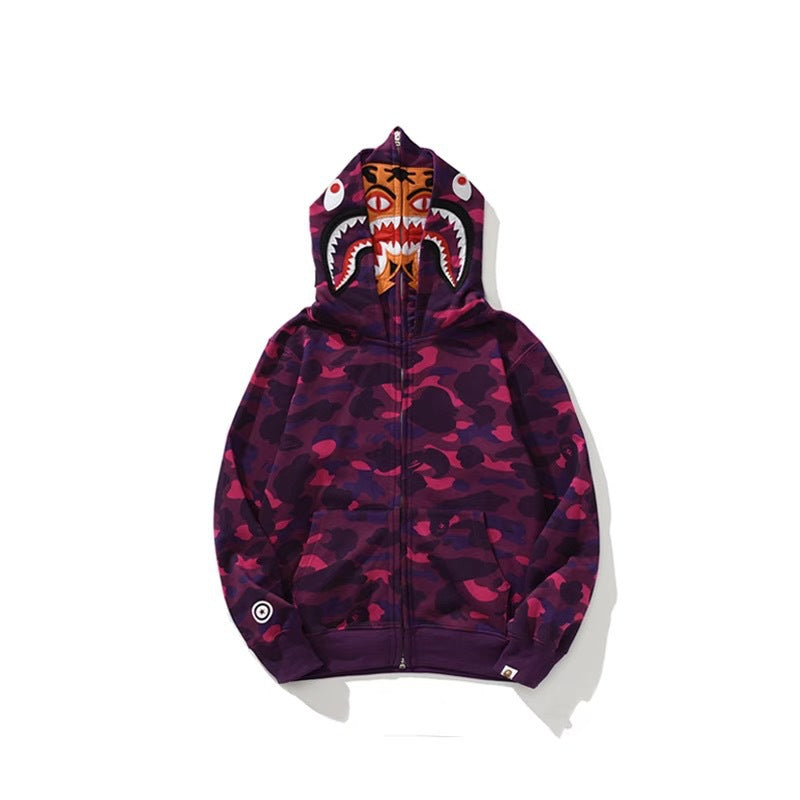 GMabcd Unisex Shark Camo Zip-Up Hoodie – Relaxed Streetwear Jacket – 8807 Double Hood Purple