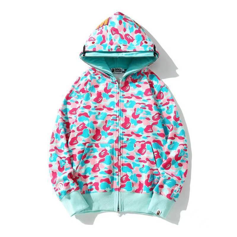 GMabcd Unisex Shark Camo Zip-Up Hoodie – Relaxed Streetwear Jacket – 8809 Double Hood Green