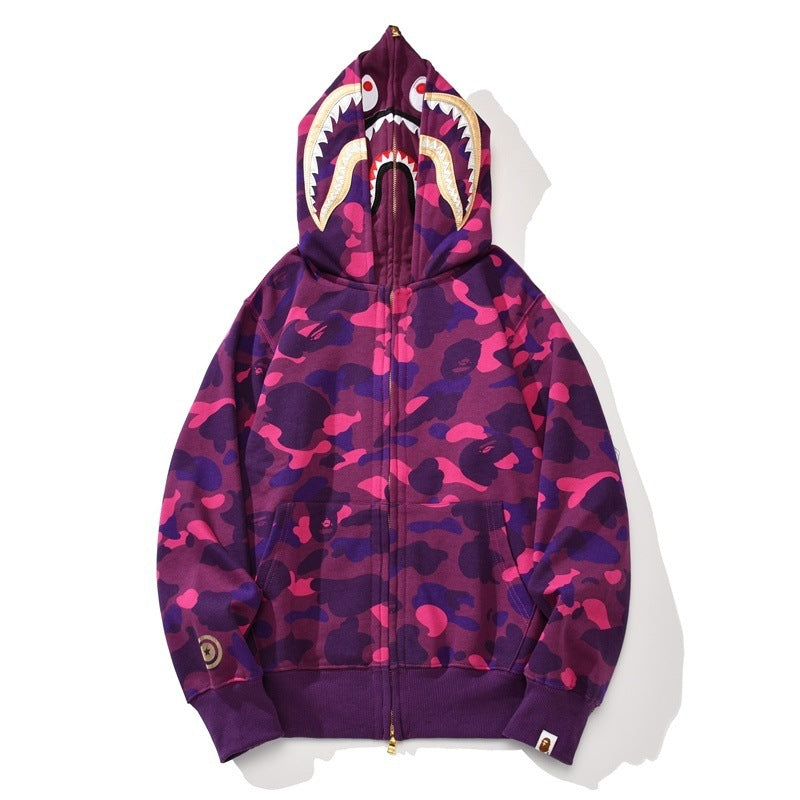 GMabcd Unisex Shark Camo Zip-Up Hoodie – Relaxed Streetwear Jacket – 6959 Double Hood Purple