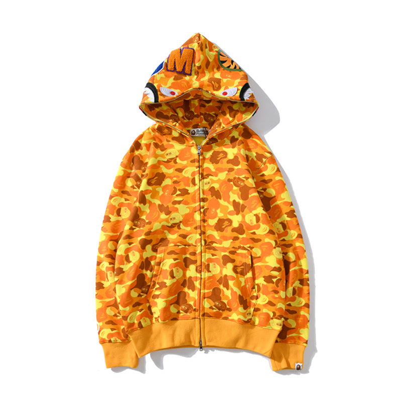 GMabcd Unisex Shark Camo Zip-Up Hoodie – Relaxed Streetwear Jacket – 8378 Yellow