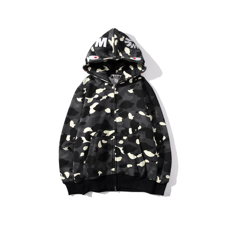GMabcd Unisex Shark Camo Zip-Up Hoodie – Relaxed Streetwear Jacket – 8363 Black