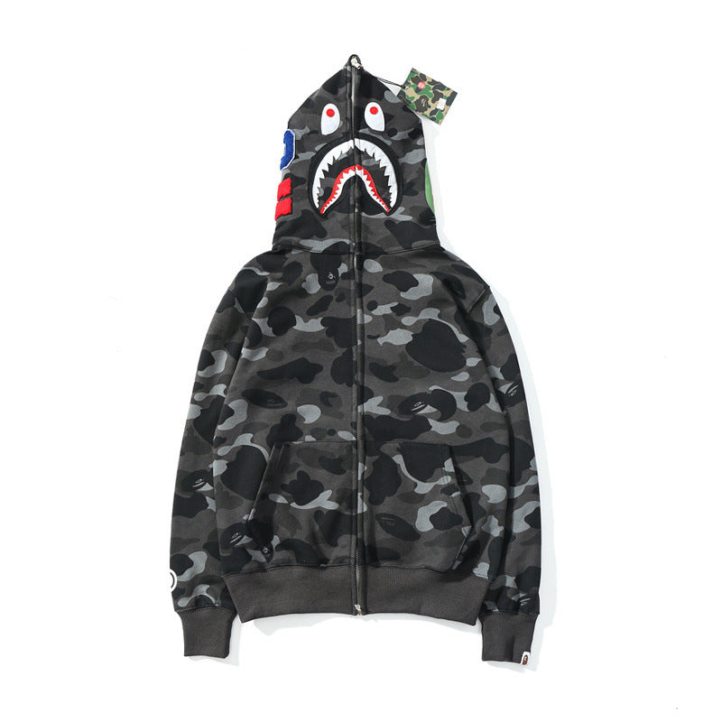 GMabcd Unisex Shark Camo Zip-Up Hoodie – Relaxed Streetwear Jacket – 6323 Grey Fleece-Lined