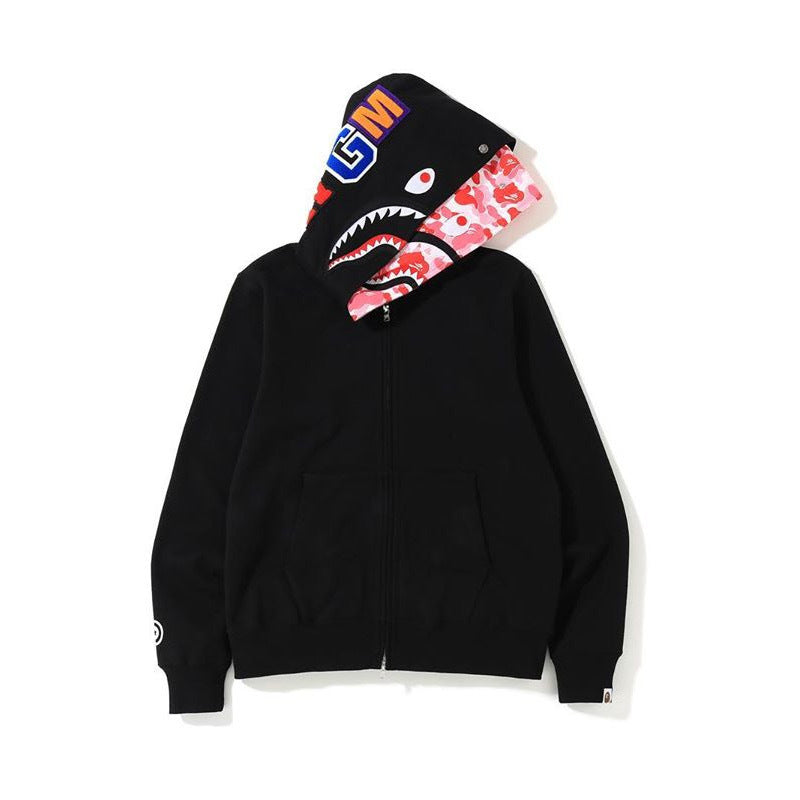 GMabcd Unisex Shark Camo Zip-Up Hoodie – Relaxed Streetwear Jacket – 8806 Double Hood Pink