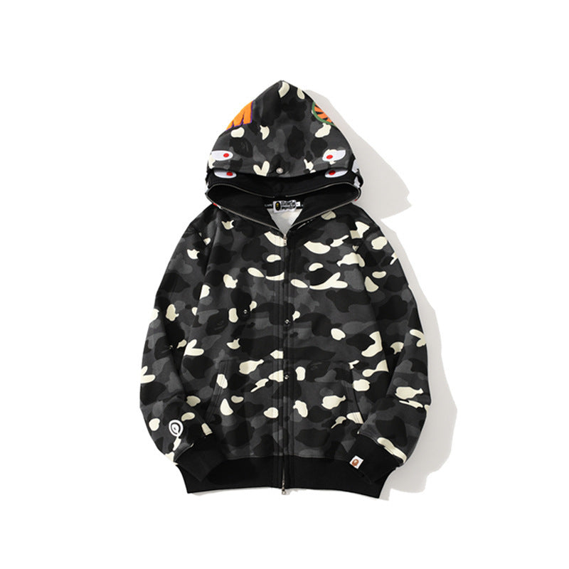 GMabcd Unisex Shark Camo Zip-Up Hoodie – Relaxed Streetwear Jacket – 8802 Double Hood Black