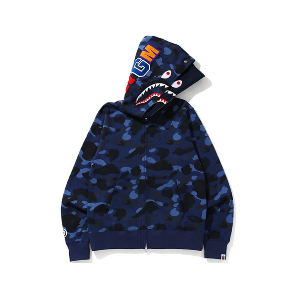 GMabcd Unisex Shark Camo Zip-Up Hoodie – Relaxed Streetwear Jacket – 8805 Double Hood Blue