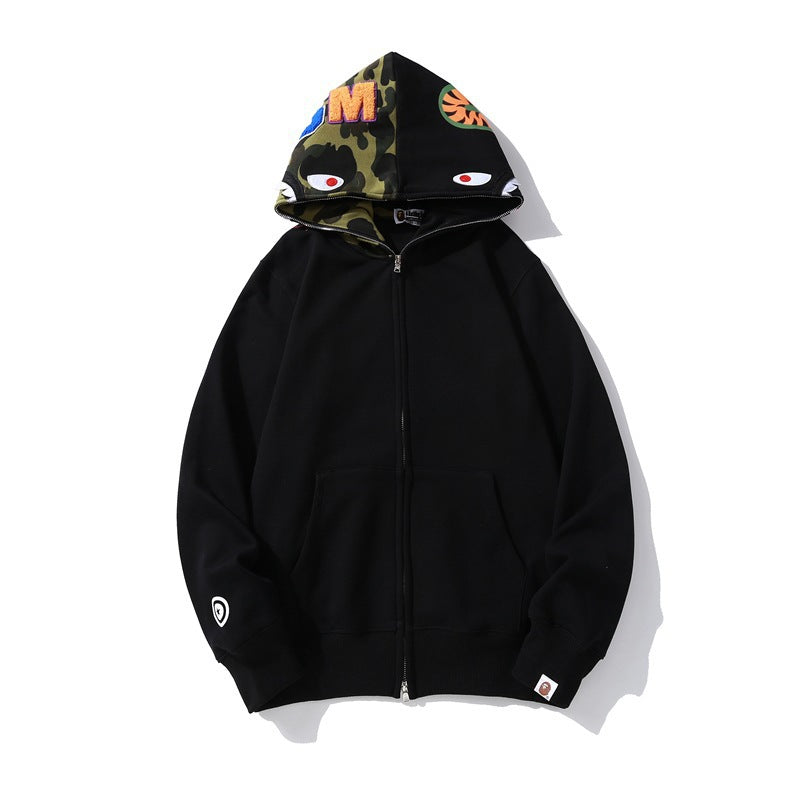 GMabcd Unisex Shark Camo Zip-Up Hoodie – Relaxed Streetwear Jacket – 8380 Black