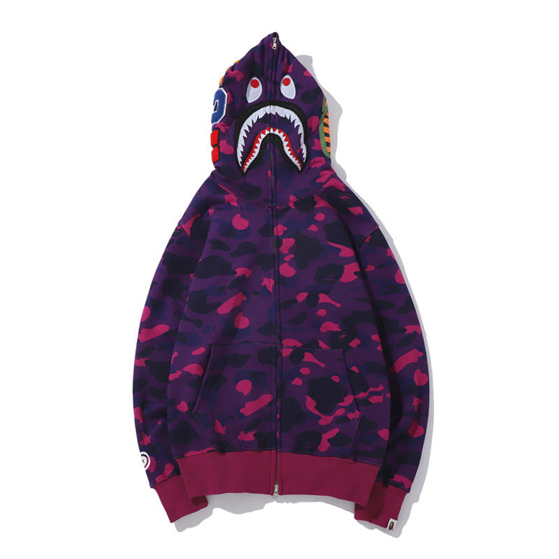 GMabcd Unisex Shark Camo Zip-Up Hoodie – Relaxed Streetwear Jacket – 6323 Fleece-Lined Purple