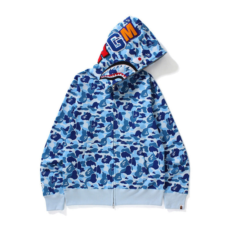 GMabcd Unisex Shark Camo Zip-Up Hoodie – Relaxed Streetwear Jacket – 8361 Blue