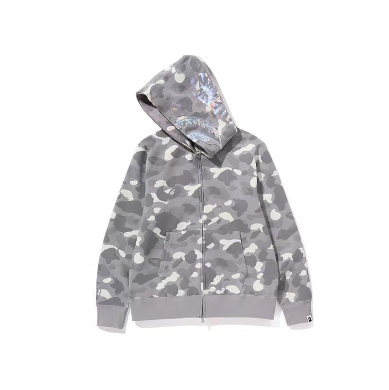 GMabcd Unisex Shark Camo Zip-Up Hoodie – Relaxed Streetwear Jacket – 424 Grey