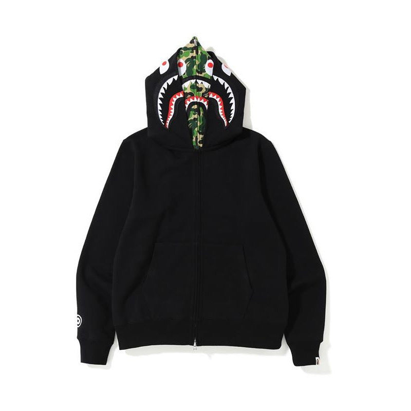 GMabcd Unisex Shark Camo Zip-Up Hoodie – Relaxed Streetwear Jacket – 6387 Double Hood Black Green