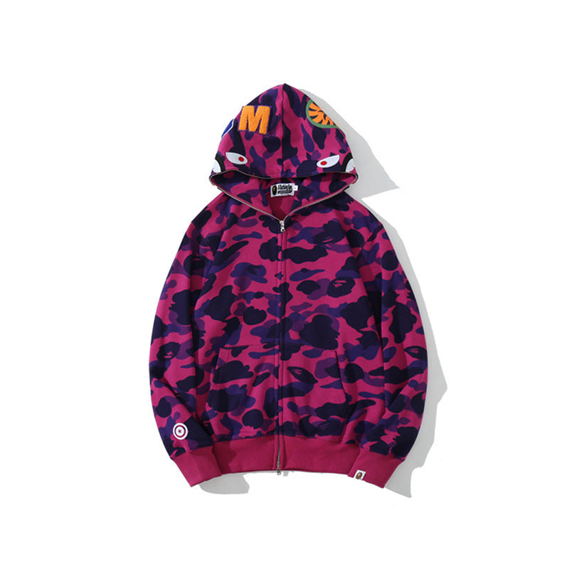 GMabcd Unisex Shark Camo Zip-Up Hoodie – Relaxed Streetwear Jacket – 8301 Purple
